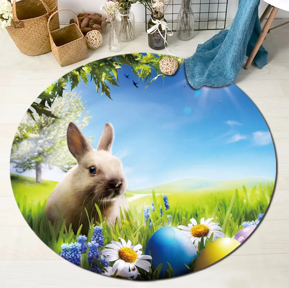 Rabbit Grass Flower Round Carpets for Children's Home Living Room