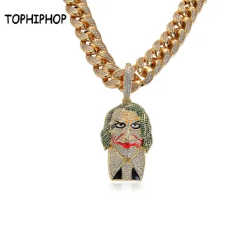 

TOPHIPHOP Iced Out The Dark Knight Heath Ledger Batman Clown Necklace & Pendant Cubic Zircon Men's Women Hip hop Rock Jewelry