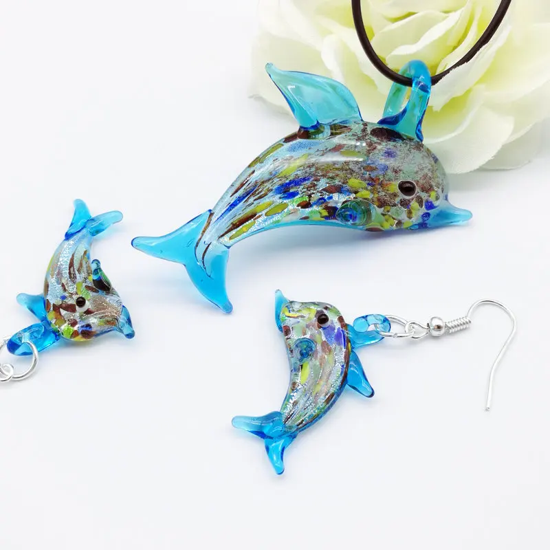 

6SetsBlue Dolphin Lampwork Glass Murano Bead Necklace Earring