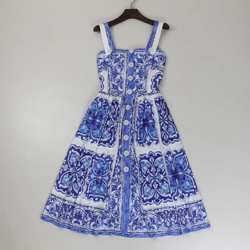 Новинка, женское винтажное модное Брендовое летнее платье с сине-белым фарфоровым принтом, тонкие повседневные платья на пуговицах спереди