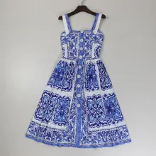 Nuevo 2019 vestido de verano blanco azul de marca a la moda vintage para mujer con estampado de estilo porcelana tirantes finos botones delanteros vestidos casuales delgados