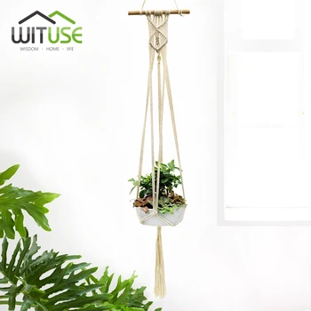 

Plant Hanger Wood Dowel Flowerpot Holder Boho Wall Hanging String Braided Tassel Indoor Hanging Basket Ropes Macrame Wall Art