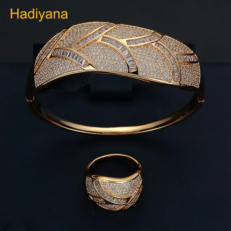 

HADIYANA new Lady Bangles And Ring 2pc sets Brand Design Super Luxury Zircon Herringbone Bangle Jewelry Set For Party Prom SZ178