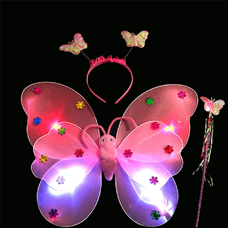 Высокое качество 3 шт./компл. для девочек светодиодный мигающий светильник крылья волшебной бабочки палочка повязка на голову костюм игрушка большое удовольствие для детей 20