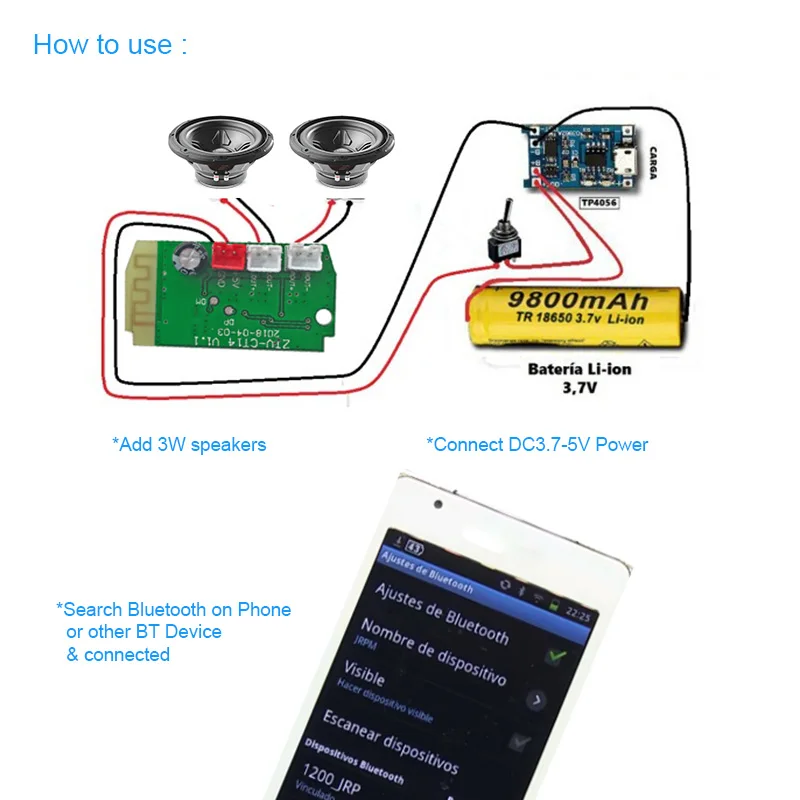 DC3.7-5V Wireless Bluetooth 4.2 Audio Receiver Board Sound Module 3W Amplifier Board DIY Bluetooth Speaker Modification Module