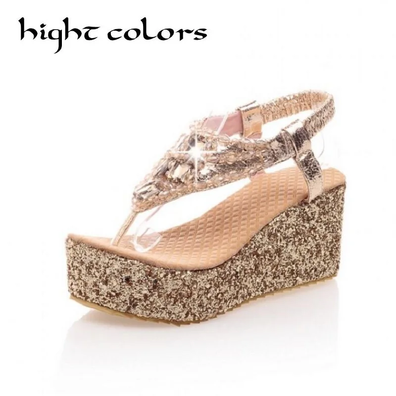

Women Summer Beach Sandals Flip Flops Lady Slippers Women Gold Sliver Diamand Shoes Women Platform Wedge Shoes Big Size 47