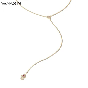 

VANAXIN Long Sexy Necklaces for Women Lucky Corundum Hamsa Gold Color White CZ For Women Fashion Jewelry 2018 Christmas Gift