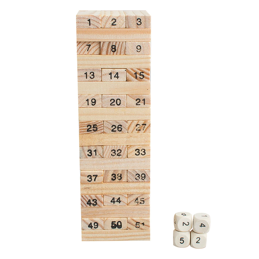 54 Blocks+4 Dices Wooden Tumbling Stacking Building Block Board game