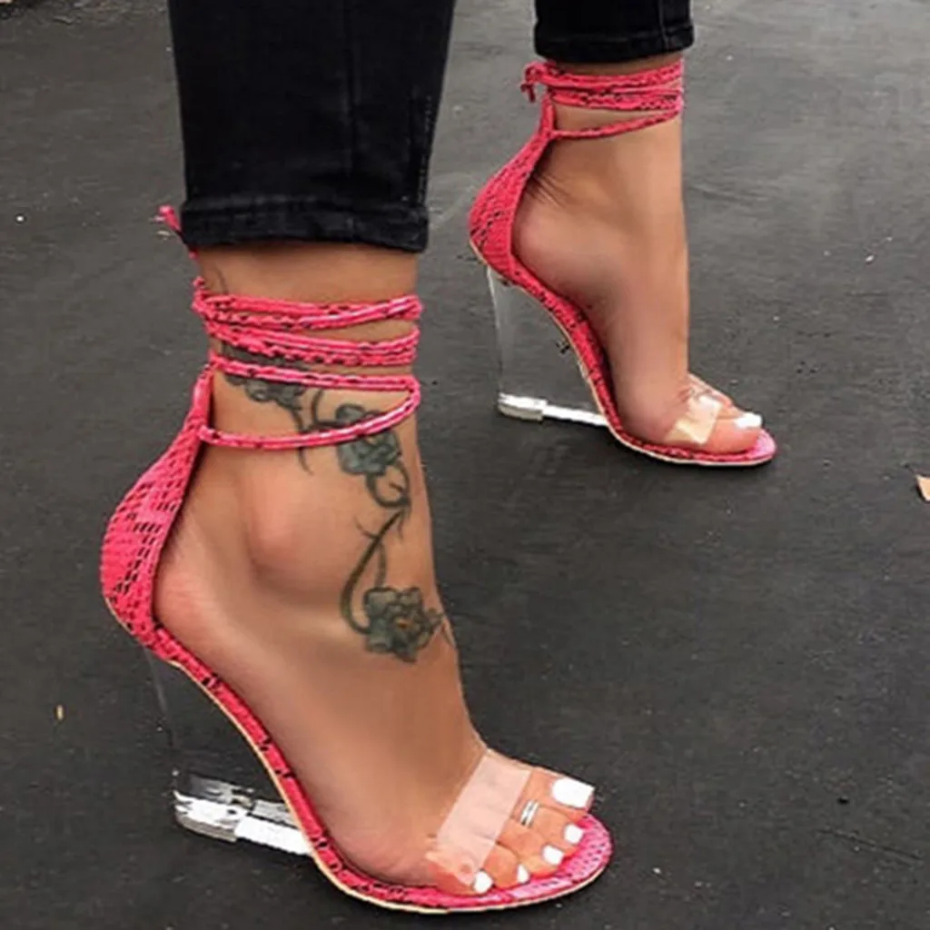 

Women High-Heeled Sandals Round Toe Snake bandage Roman strappy crystal Transparent Crystal Slope-heeled wedge shoes Sandalia