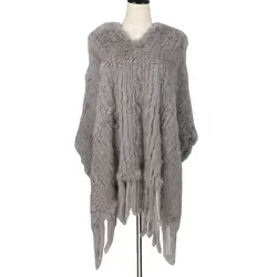 Осенне-зимний женский натуральный вязаный пуловер пончо из кроличьего меха с кисточками Дамская Пашмина плащ шали женский широкий шарф VF7012
