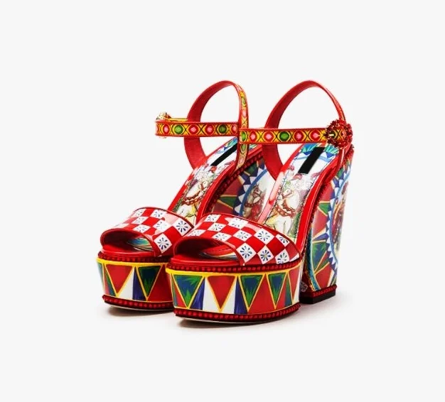 

Multi-color Chunky Heel High Platform Sandals Floral Pattern Open Toe Novelty New Arrivals Comfortable Shoes Handmake Unique