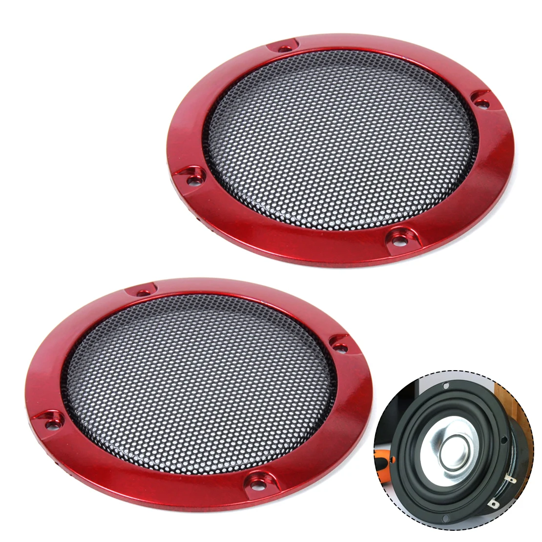 

DWCX 2Pcs DIY ABS Red 3" Speaker Decor Protection Circle Cover w/Black Metal Protective Grille Mesh for Universal Vehicles
