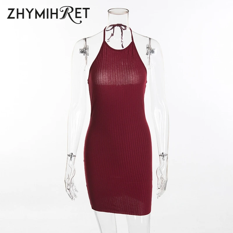 ZHYMIHRET 2019 летнее неоновое Клубное платье с бретелькой через шею открытая спина