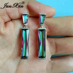 JUNXIN Mystic Fire Birthstone прямоугольные Висячие серьги для женщин 925 серебро розовое золото заполнено Фиолетовый Синий Белый циркон серьги CZ