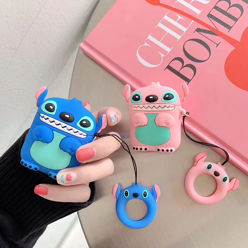 Super cute 3D Stitch cartoon silicone protection ring lanyard Wireless Earphone Charging case for AirPods 1 2 Bluetooth cover