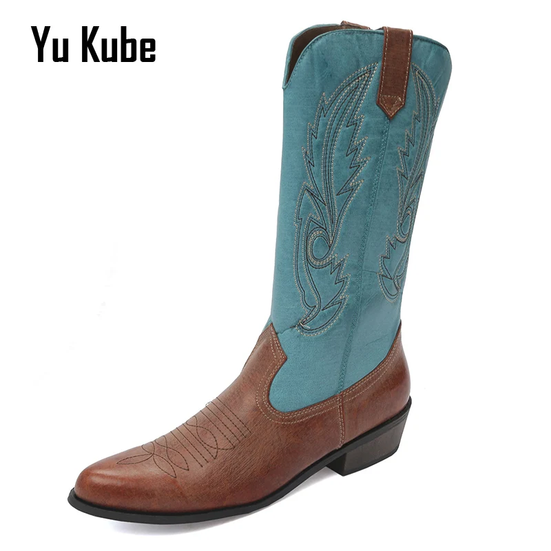 Yu Kube Women Western Cowboy Boots Blue Autumn Winter Leather Low Heel Knee High Boots Embroider