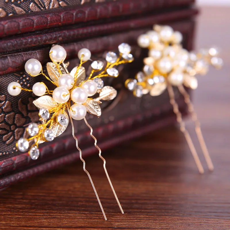 

2 PCS Gold Flower Leaf U shape Hair Sticks Pearl Clip Vintage Pins Wedding Hair Accessories Crystal Tiara noiva Bridal crown SL