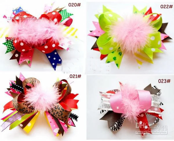 Free Shipping Girls Hair Bow with Feather Grosgrain Baby Hair Clips Hair Bows Satin Baby Hairbows Sara-30