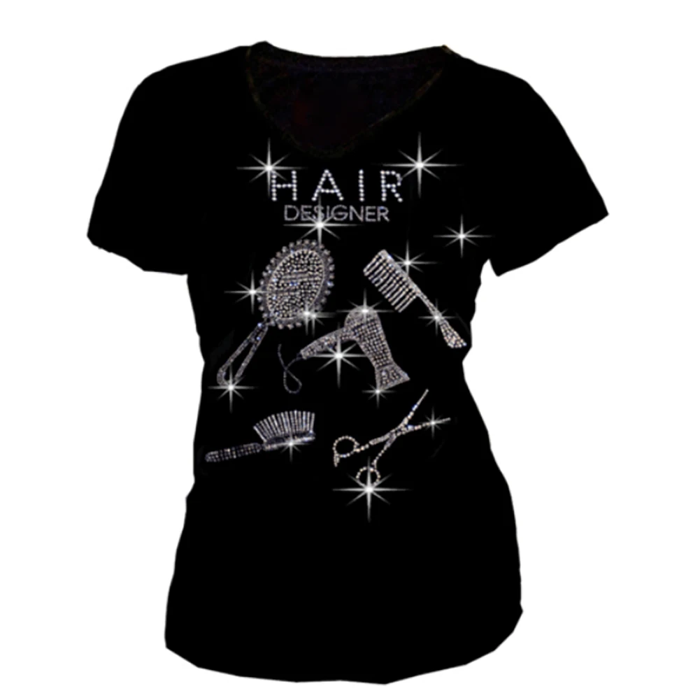 

Women T Shirt Summer Mirror Comb Rhinestone Casual Short Sleeve O-neck T-shirt