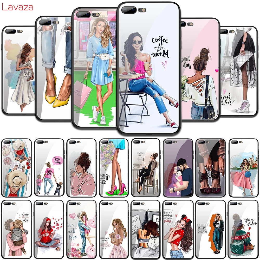 

Lavaza Fashion Black Brown Hair Baby Mom Girl Queen Tempered Glass Cover for iPhone 6 6S 7 8 Plus 5 5S SE XR X XS 11 Pro MAX
