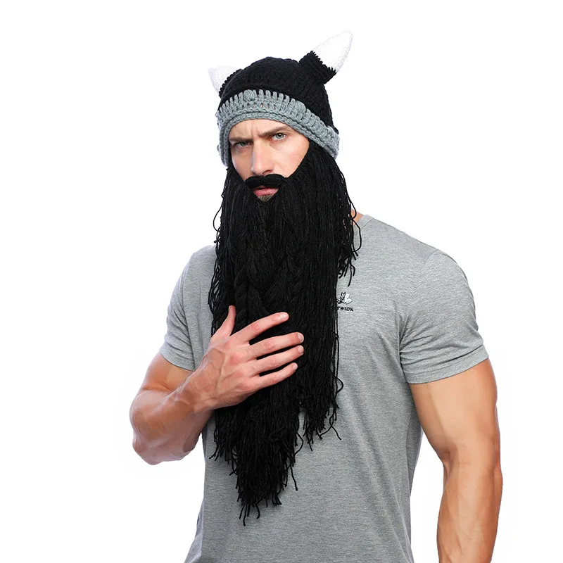 Men's Barbarian Vagabond Viking Beard Beanie Horn Hats Handmade Winter Warm Birthday Cool Gifts Funny Gag Halloween Cap