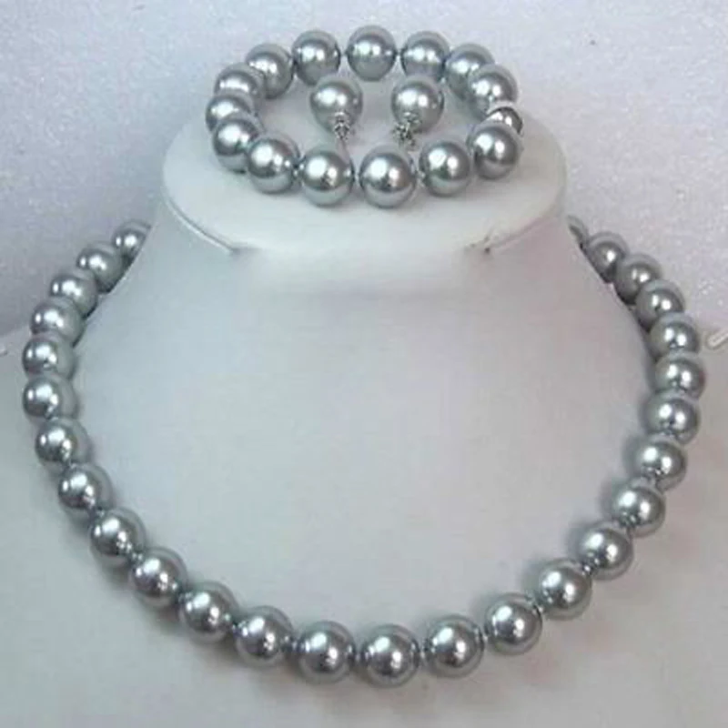 

New fashion 12MM Gray Shell Pearl Round Beads Necklace Bracelet/ Earrings Set AA15651