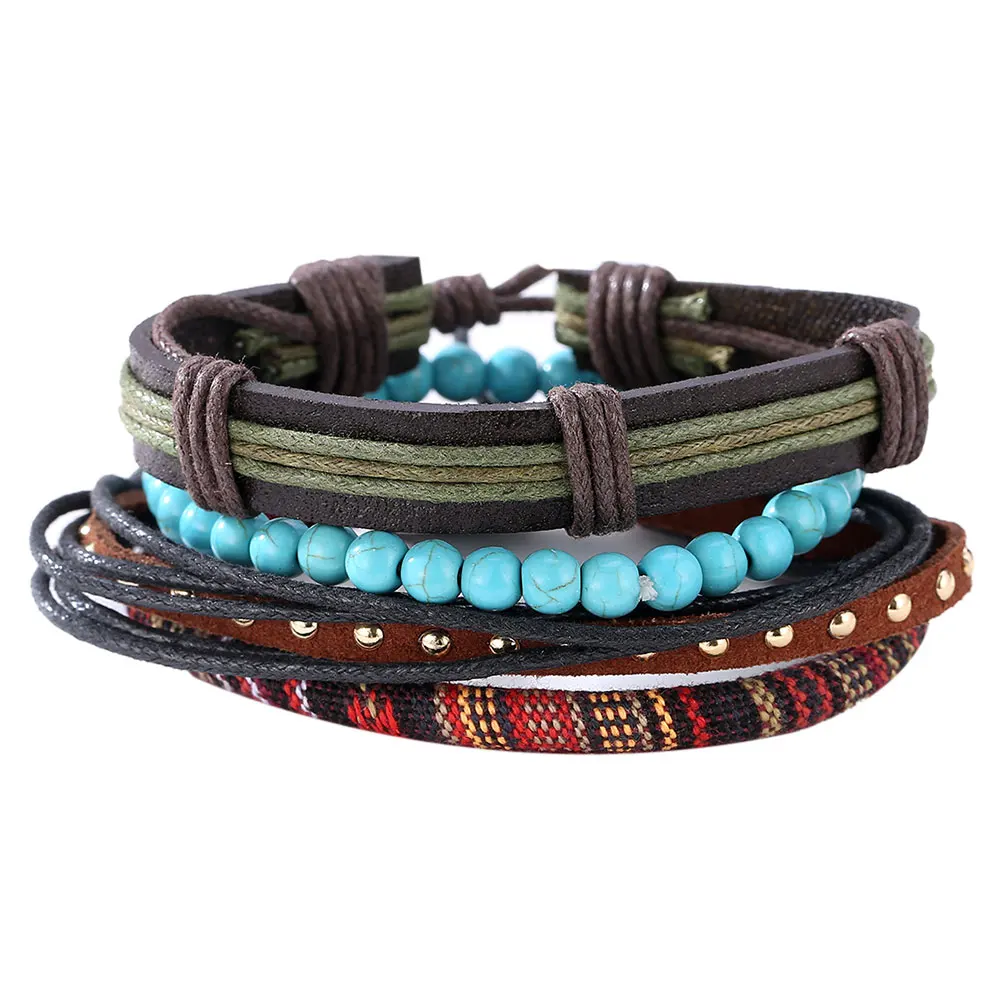 Handmade Mens Leather Bracelets 2017 Adjustable Multilayer Bead