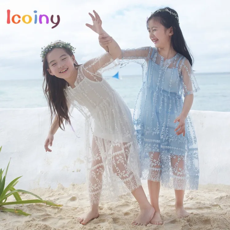 

Girls Short Sleeves clothes Set Summer Dresses Kids Solid Color Hollow Out Mesh Dress+Inner Tunic Dress Twin Sets For Girl