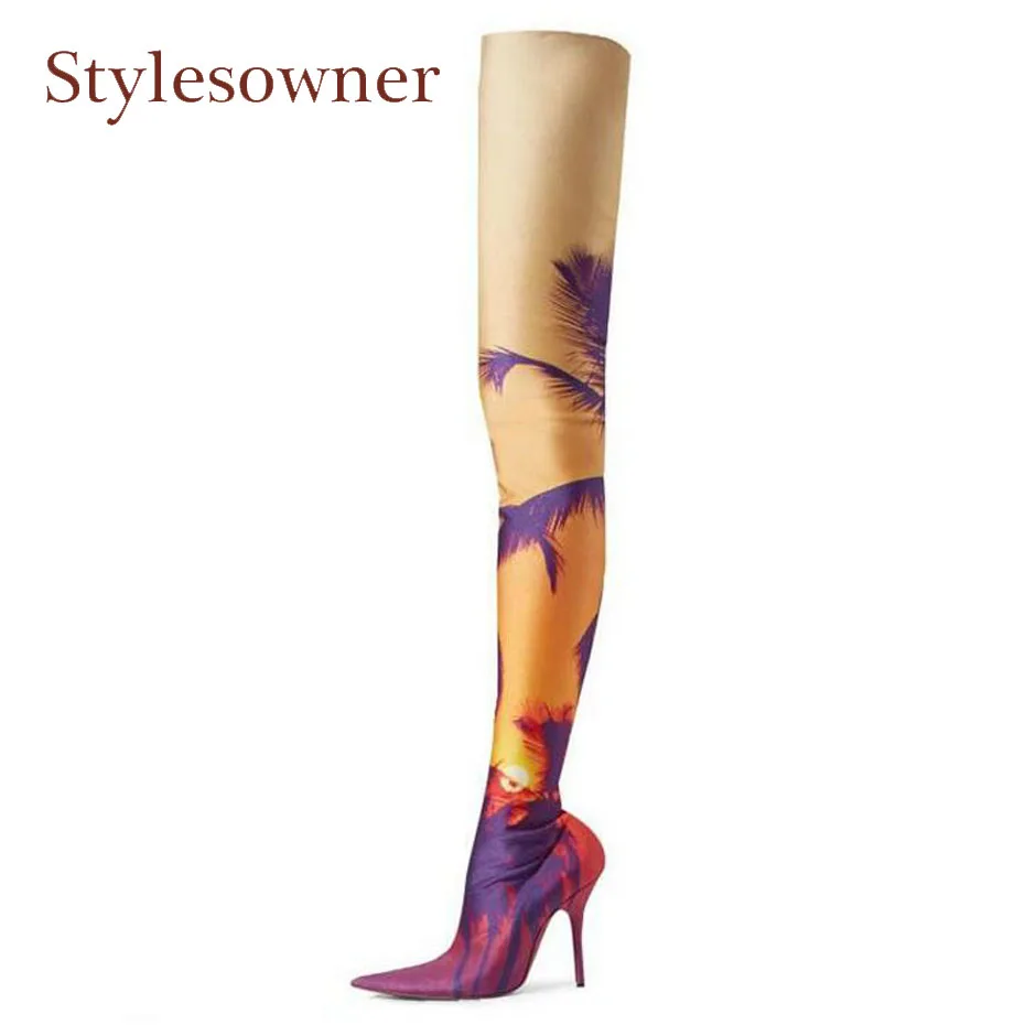 

Stylesowner 2018 new europe's latest fashion print stretch thigh high boots women sexy pointed toe stiletto heel over knee boots