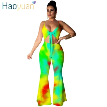 

HAOYUAN Rainbow Tie Dye Sexy Bodycon Jumpsuits Backless Summer Overalls Rave Festival Neon One Piece Rompers Womens Jumpsuit
