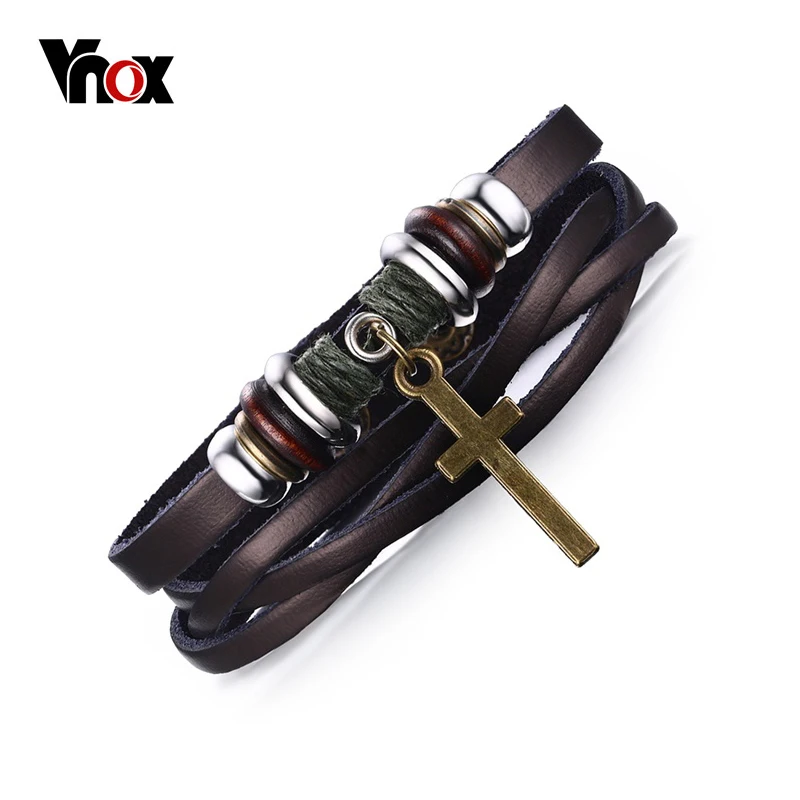 

Vnox Vintage Male Genuine Leather Bracelets Bangles Cross Charm Wrap Bracelet for Men Jewelry 8.42