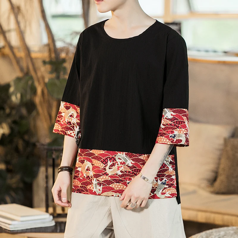 

Summer Patchwork Male T-Shirt Fish Printing Men's Half Sleeve T-Shirts Large Sizes O-Neck Black Gray Mens Tee Shirt