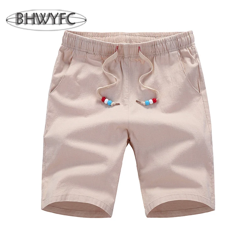 

BHWYFC Summer Beach Pants Shorts Mens Cotton Linen Running Shorts Elastic Five-point Trousers Pure Color