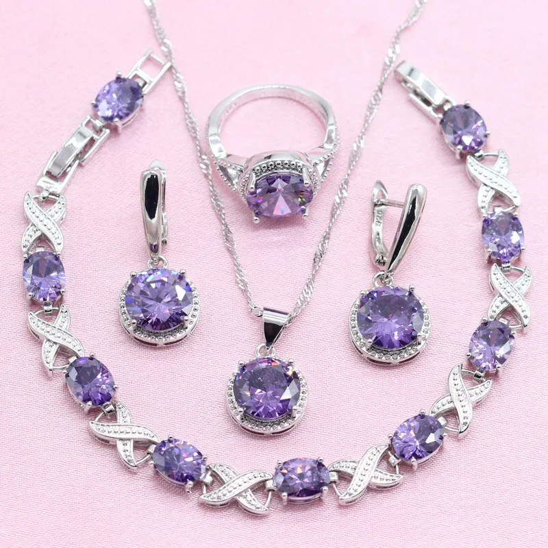 

Round Purple Semi-precious Women 925 Silver Jewelry Sets with Bracelet Earrings Necklace Pendant Ring Bridal Wedding Jewelry