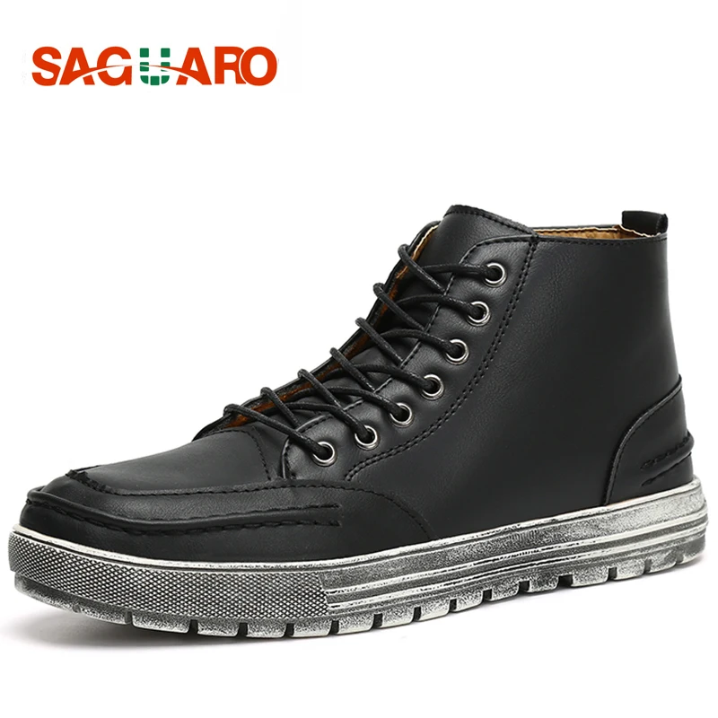 

SAGUARO 2018 Men Boots PU Leather Lace-Up Men Winter Shoes Fashion Retro Design Tooling Boots Warm Casual Botas Plus Size