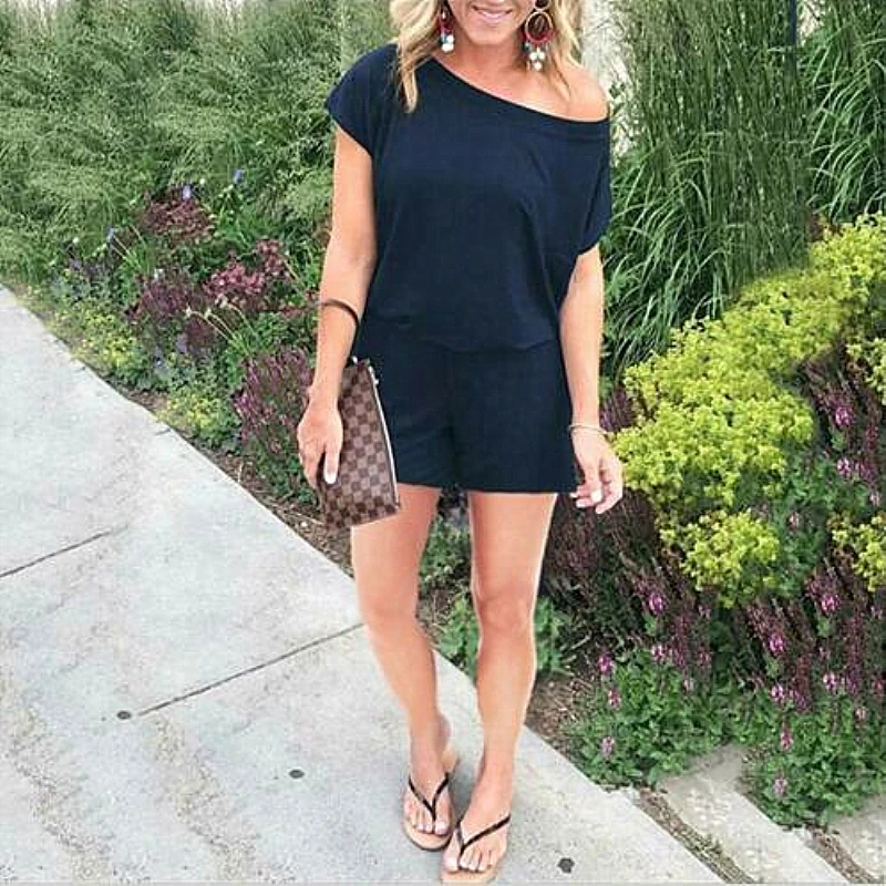 

New Women Single Shoulder Solid Casual Playsuit Fashion Ladies Summer Beach Plain Shorts Loose Romper Jumpsuit
