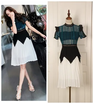 

Women Color Blocking Bodycon Dress Turtleneck Lace Aline Dress Short Sleeves Hollow Out Chiffon Dress Sexy Knee Length Dress