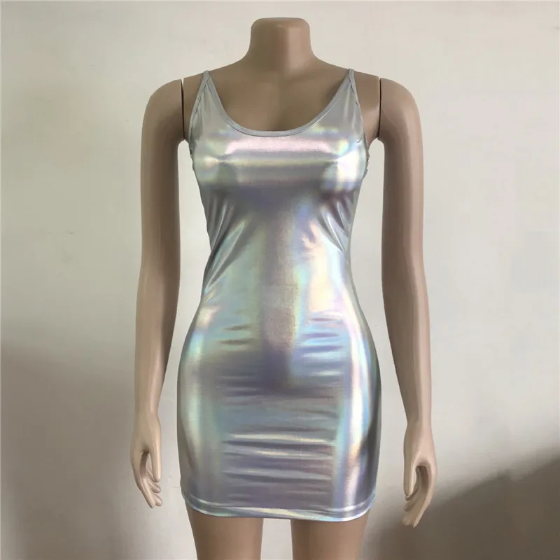 Bling Holographic Reflective Mini Dress Women Spaghetti Strap Silver Bodycon Dress Summer Party Vestidos Clubwear For Lady