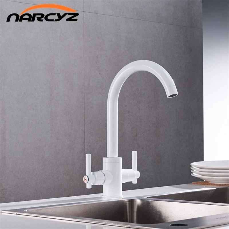 Us 43 06 20 Off Free Shipping White Color Kitchen Faucets Double Hands Round Bathroom Sinks Wall In Taps Double Hole Mix Water Tap Xt 14 In Kitchen