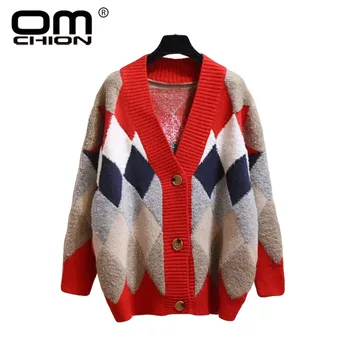 

OMCHION Sueter Mujer 2018 Autumn Winter ColorfuL Plaid Knit Cardigan Women Loose Thicken Sweater Jacket Female Jumper QS71