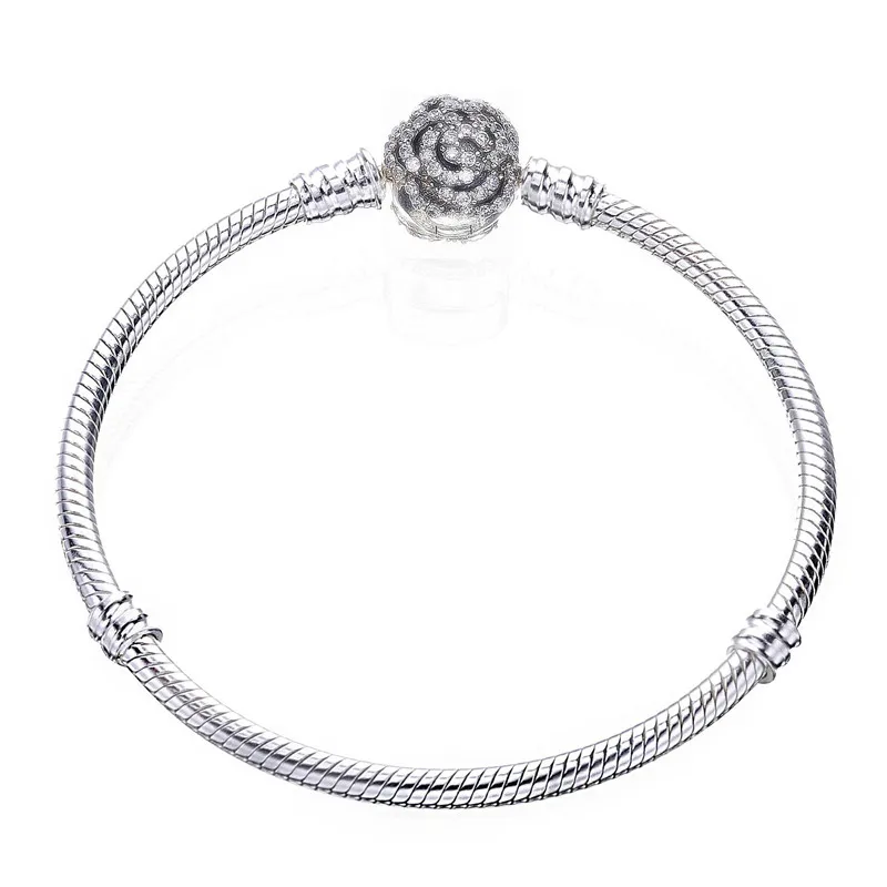 

New 100% 925 Sterling Silver Bead Charm Snake Chain Fit Original Bloom Clasp Pandora Bracelet for Women DIY Pandora Jewelry Gift
