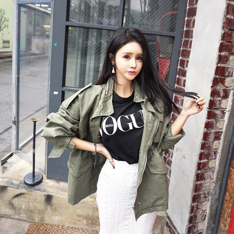 

New Solid Harajuku Boyfriend Basic Jackets Long Sleeve Loose Vintage Female Outerwear Multi Pockets Streetwear Jacket MA50208