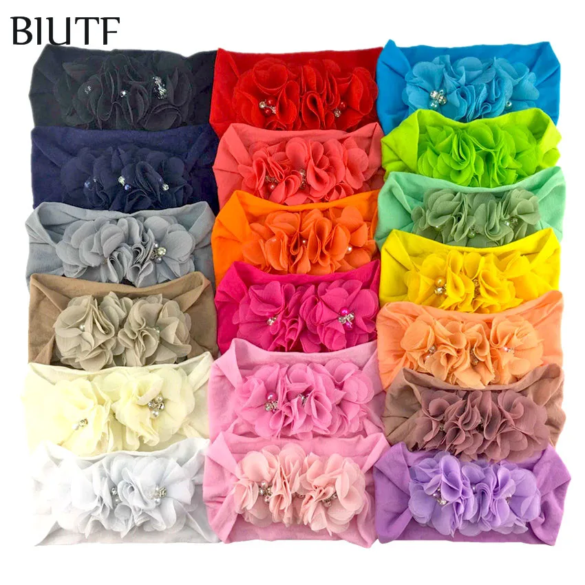 

20pcs/lot DIY Boutique Hair Accessorries Triple Rhinestone Pearl Chiffon Flower with Wide Nylon Elastic Headband HB081