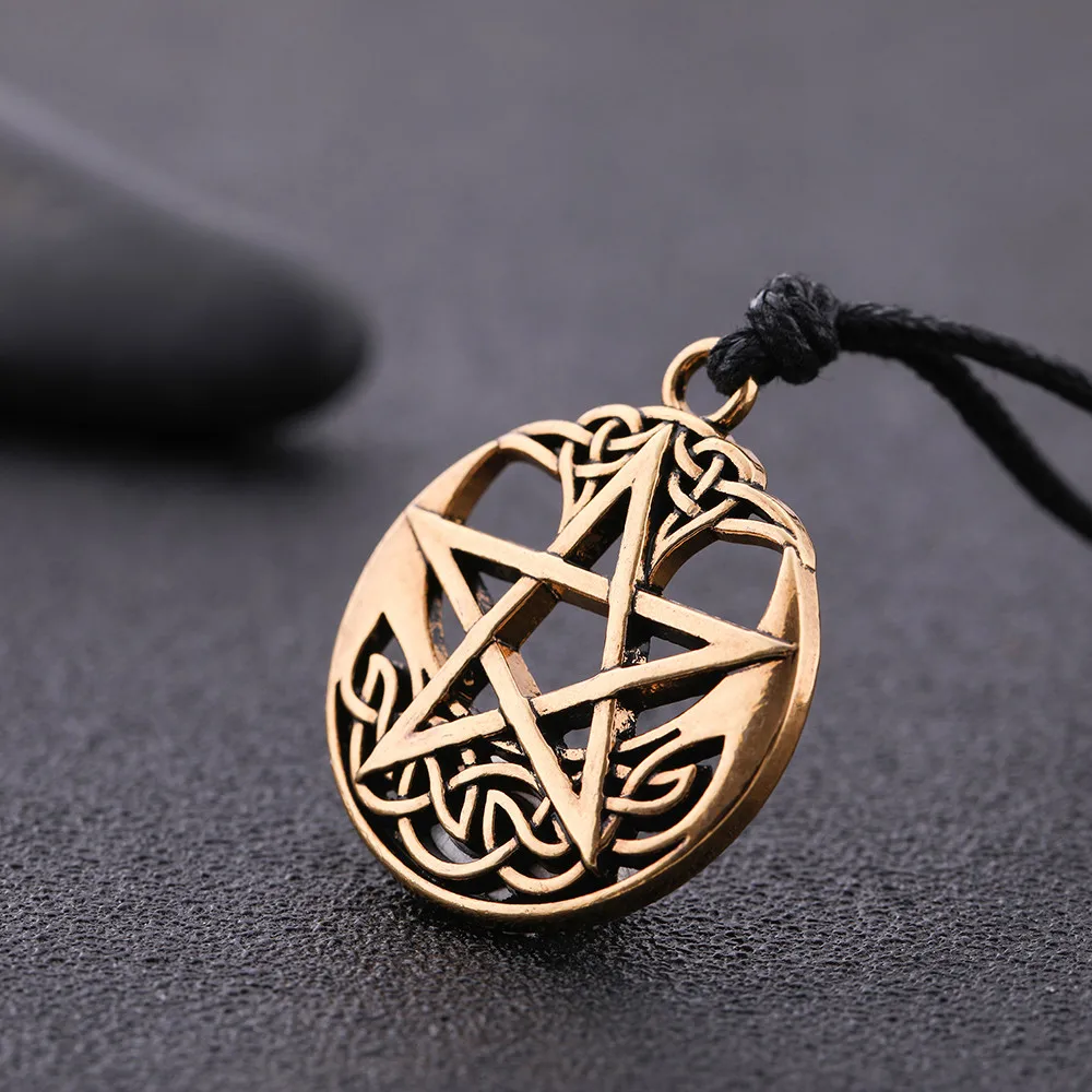 LIKGREAT Vintage Pentagram Round Pendant Necklace Celtics Knot Wicca Jewerly Hollow Pentacle Accessories Amulet Necklace