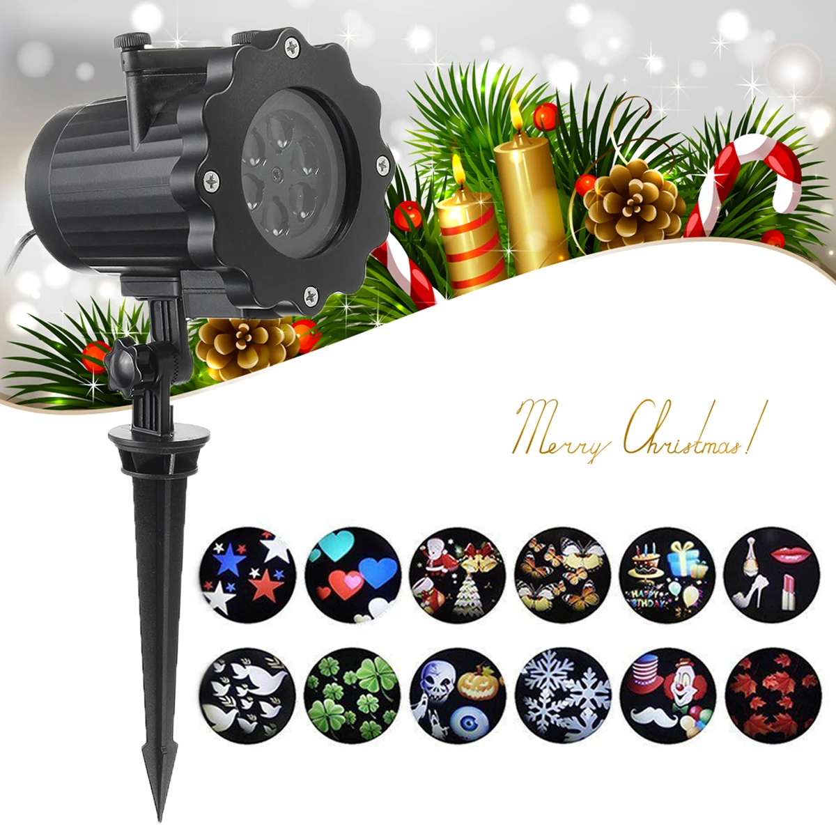 

Christmas 100-240V 6W Projection Light+12 Slides 4 LED Lights EU/AU/UK/US Plug Range 30 Square Meters Automatic Waterproof