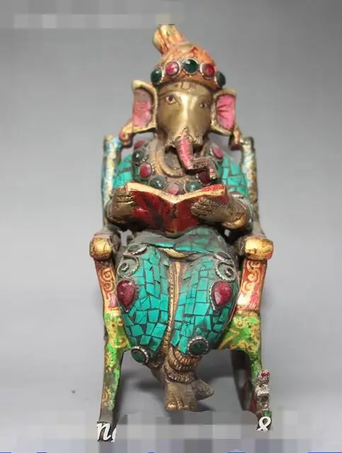 

Old Tibet Turquoise Coral Bronze Ganapati Mammon Elephant God Buddha Book Statue
