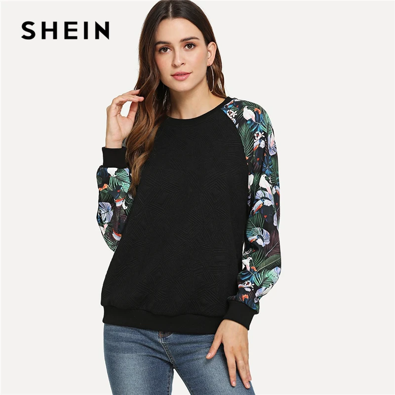 Online SHEIN negro Casual Tropical Print manga raglán texturizada cuello redondo Pullovers sudadera otoño Preppy Universidad mujer sudaderas
