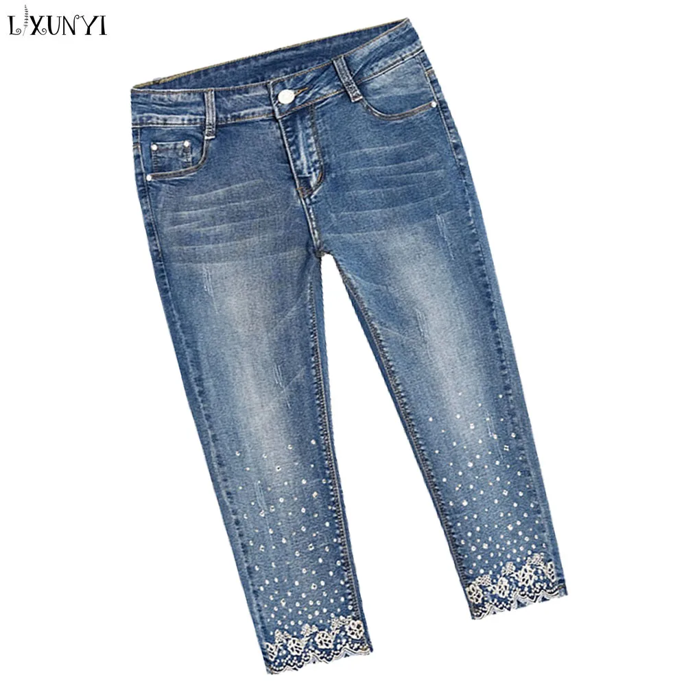 

LXUNYI Capri Pants Women Plus Size Skinny jeans Woman High Waist Ripped Rhinestone Stretch Pencil Jeans Calf Length Pants XS-8XL