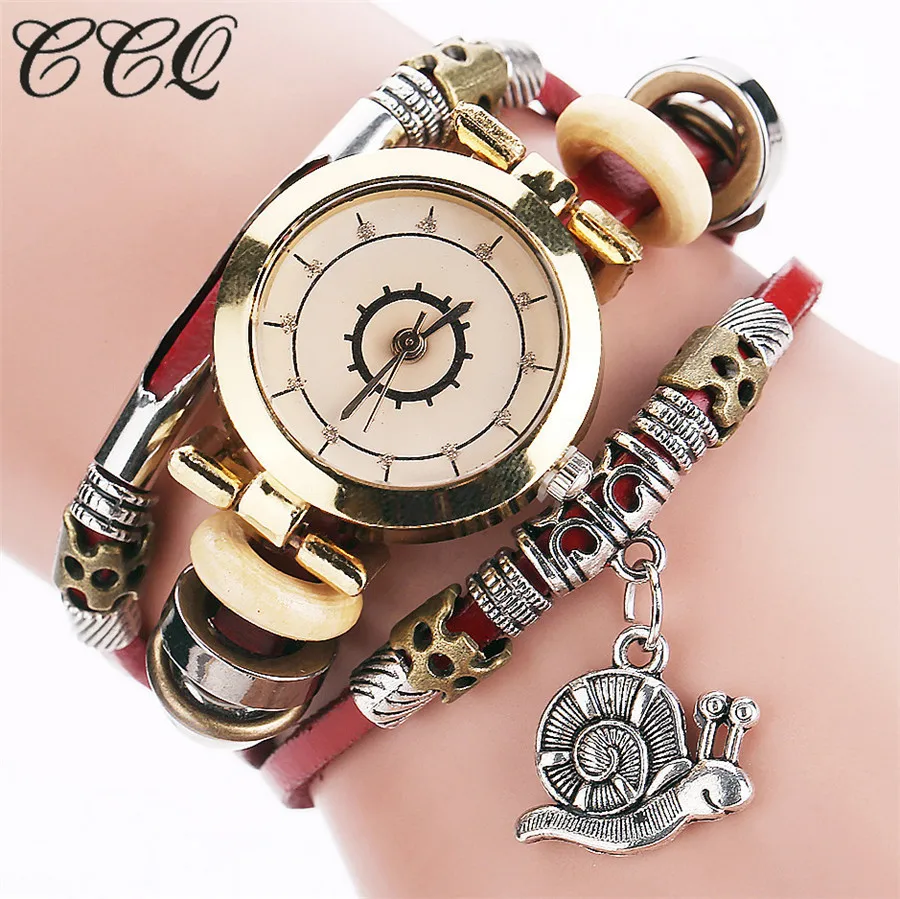 

CCQ Brand Fashion Vintage Cow Leather Bracelet Watch Casual Women Snail Pendant Quartz Watch Relogio Feminino Drop Shipping 2063