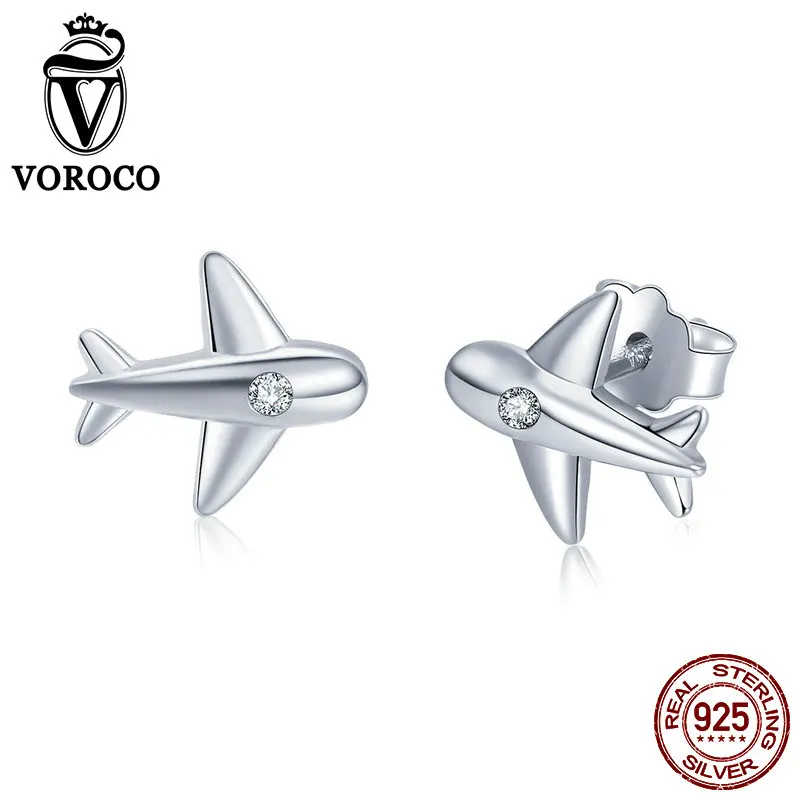 VOROCO Authentic 100% 925 Sterling Silver Cute Tiny Airplane Stud Earrings Woman Girl CZ Zircon Silver Earrings Jewelry VSE153